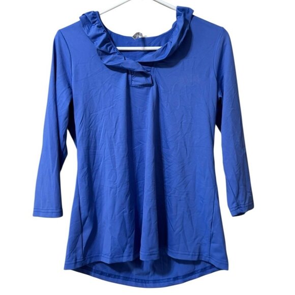 Lulu B Top Size Small Ruffle Neck 3/4 Sleeve Stretch Blue Modern Lightweight - Picture 1 of 11